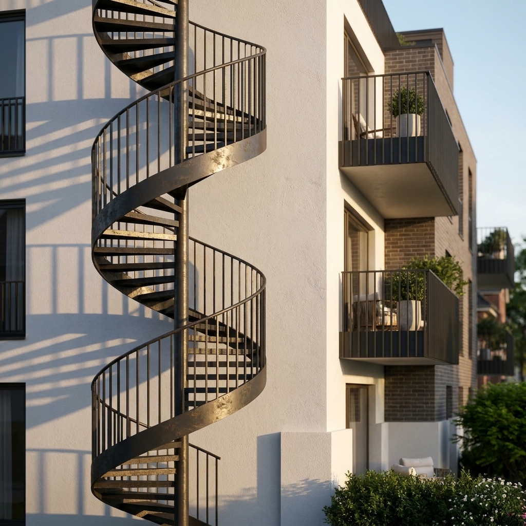 Fassadendetail mit Wendeltreppe und Balkonen